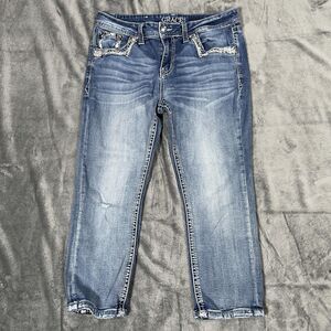 Grace in LA Capri Jeans Womens 27 Blue Cropped Distressed Rhinestone Embroidered